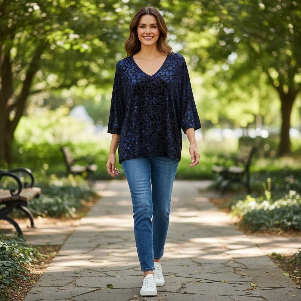 Last Tango Black & Blue Velour Animal Print Blouse Size M